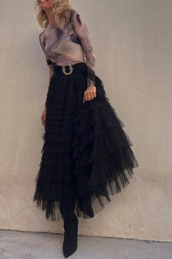 Be Your Own City Queen Tiered Elastic Waist Tulle Maxi Skirt | Consonak