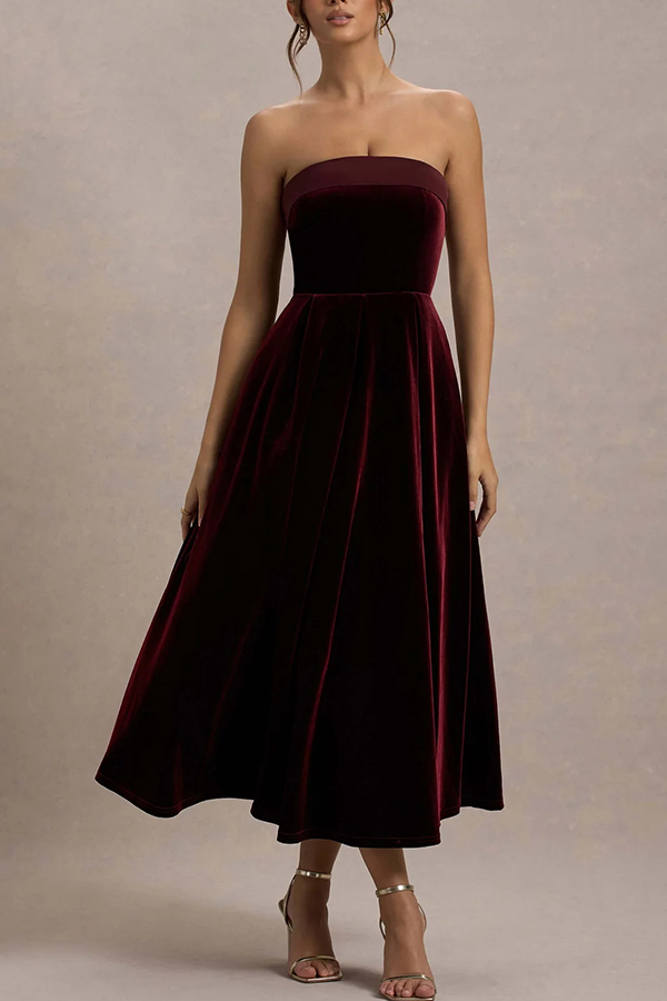 Center of Attention Velvet Satin Neck Bandeau Pleated Midi Dress-consonak