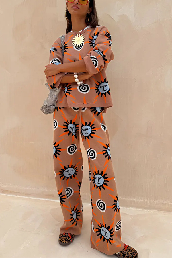 Mediterranean Art Knit Unique Sun Vortex Print Elastic Waist Wide Leg Pants-consonak