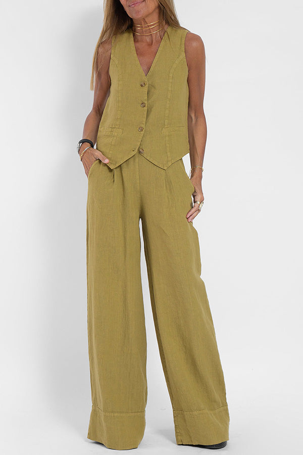 Eddie Linen Blend Button Vest and Elastic Waist Pocketed Wide Leg Pants Set-consonak