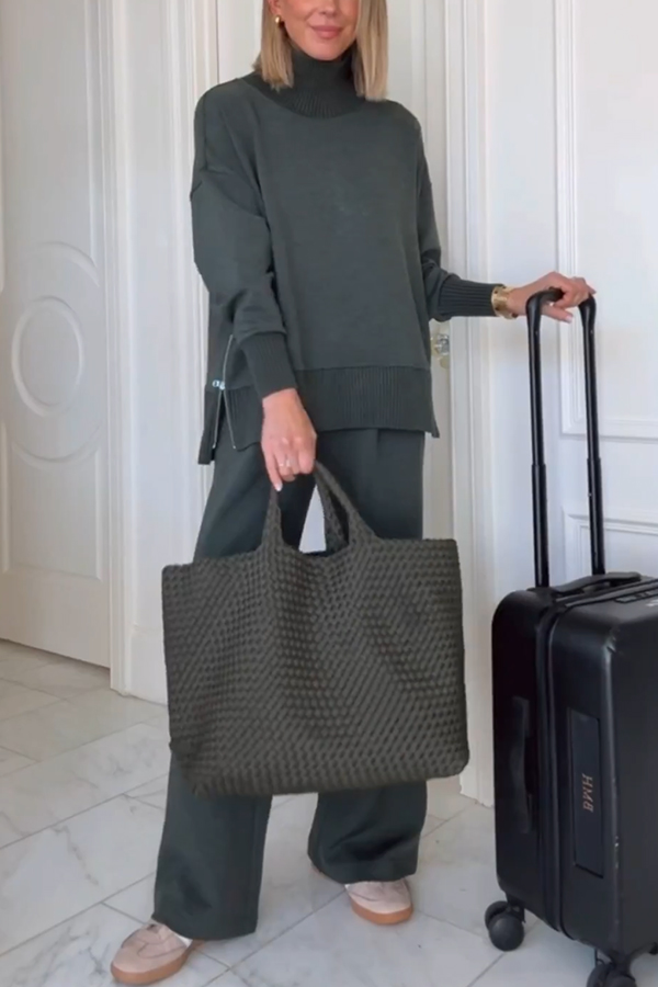 Barker High-Neck Long Sleeve Side Zipper Sweatshirt and Elastic Waist Pocketed Loose Pants Set-consonak