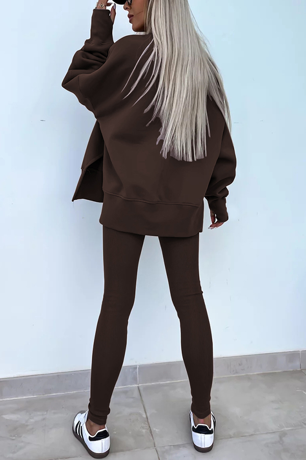 Solid Color Loose Long Sleeve SlitSweatshirt and Elastic Waist Tight Pants Set-consonak