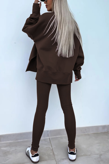 Solid Color Loose Long Sleeve SlitSweatshirt and Elastic Waist Tight Pants Set-consonak