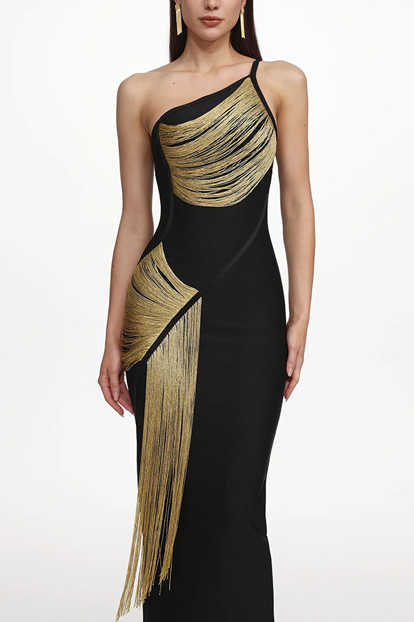 Roanna One Shoulder Sleeveless Glossy Tassels Bandage Maxi Dres