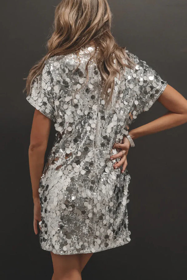 Fashionable Sequined Loose Short-sleeved Mini Dress-consonak