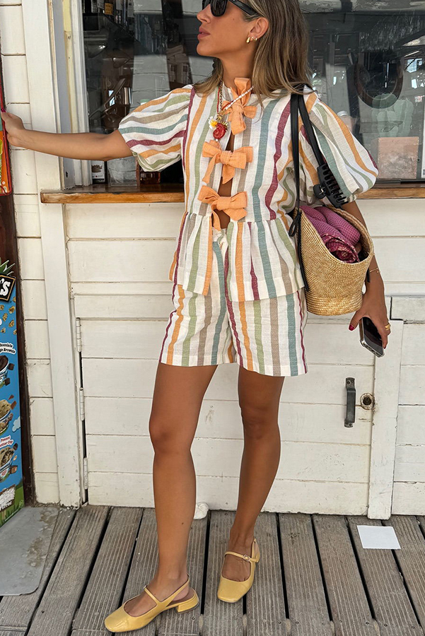 Nikita Linen Blend Striped Knotted Puff Sleeve Top and Elastic Waist Pocket Shorts Set-consonak