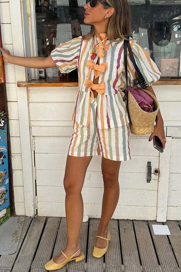 Nikita Linen Blend Striped Knotted Puff Sleeve Top and Elastic Waist Pocket Shorts Set-consonak