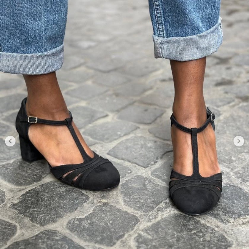 Color-blocked Faux Suede Chunky Heel Sandals-Consonak