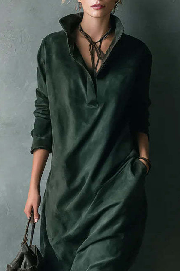 Solid Color Loose Suede Long-sleeved Casual Midi Dress-consonak
