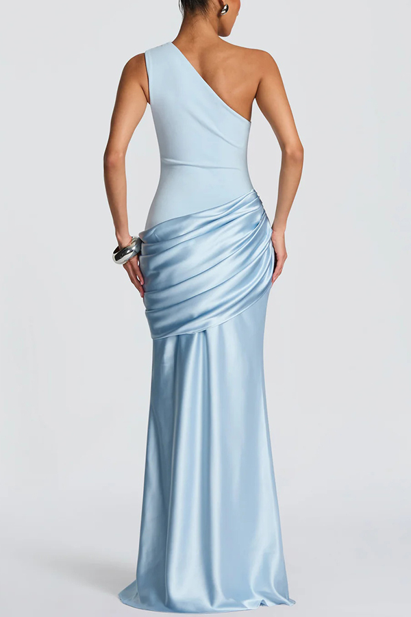 Stylish One-shoulder Sleeveless Satin Draped Slim-fit Maxi Dress-consonak