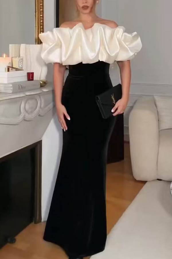 Cecily Velvet Off Shoulder Satin Structured Bardot Neck Stretch Maxi Dress-consonak