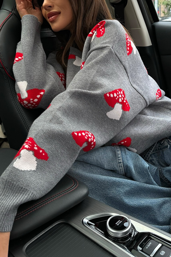 Mushroom Pattern Casual Loose Round Neck Knitted Sweater-consonak