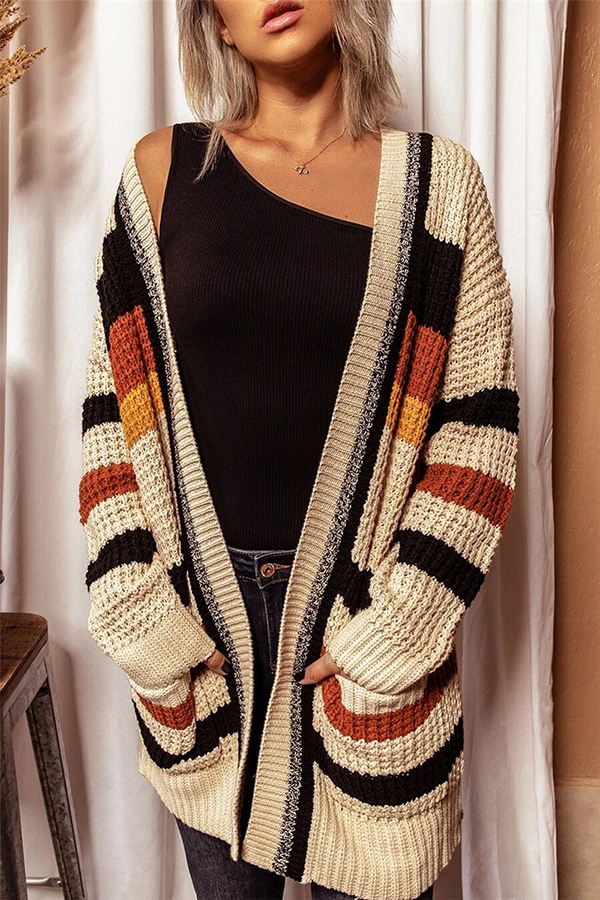 Knitted Striped Printed Loose V-neck Long-sleeved Casual Cardigan-consonak