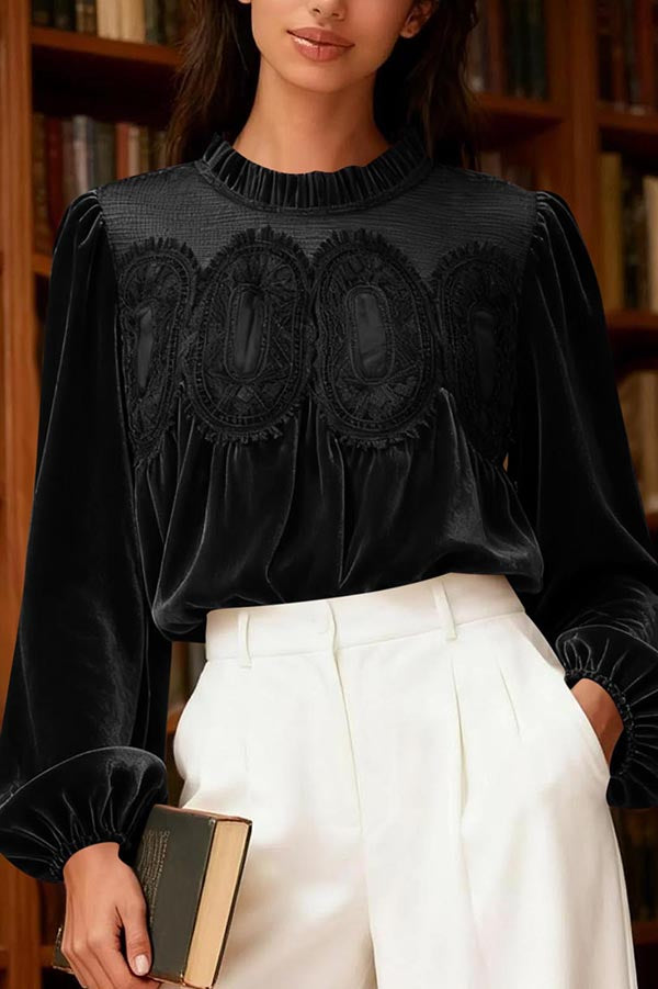 Fashionable Velvet and Lace Patchwork Loose Long-sleeved Top-consonak