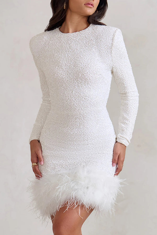 Party Must-have Sequin Long Sleeve Feather Trim Stretch Mini Dress | Consonak