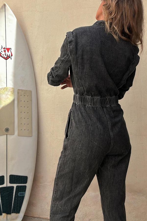 Carey Denim Button Up Long Sleeve Elastic Waist Pocketed Loose Jumpsuit-consonak
