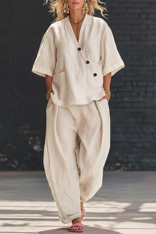 Linen Blend Solid Color V-neck Short-sleeved Loose Top and Elastic Waist Pocket Casual Pants Set