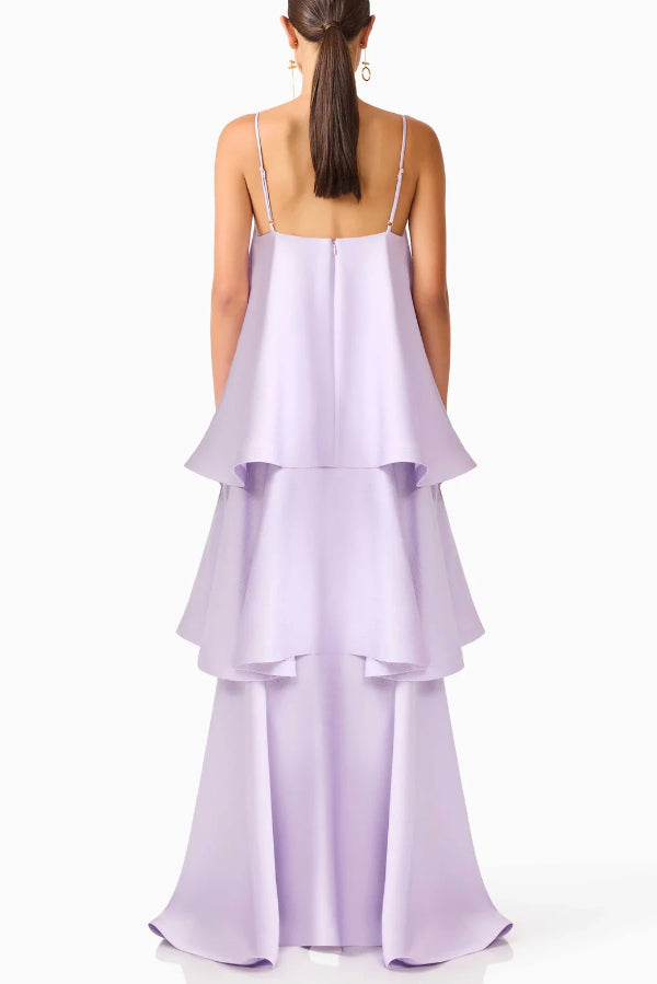 Soft and Smooth Satin Tiered Slip Square Neck A-line Maxi Dress | Consonak