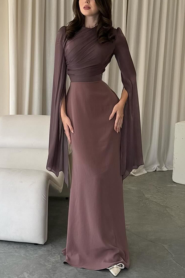 Liora Ruched Organza and Satin Patchwork Design Long Bell Slit Sleeve Maxi Dress-consonak