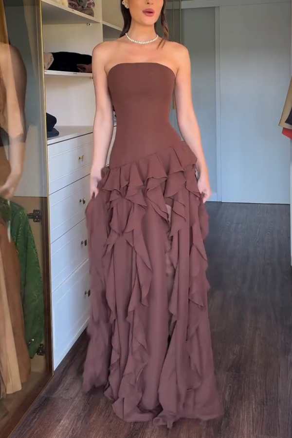Elegant Sleeveless Off-shoulder Fitted Ruffled High Slit Maxi Dress | Consonak