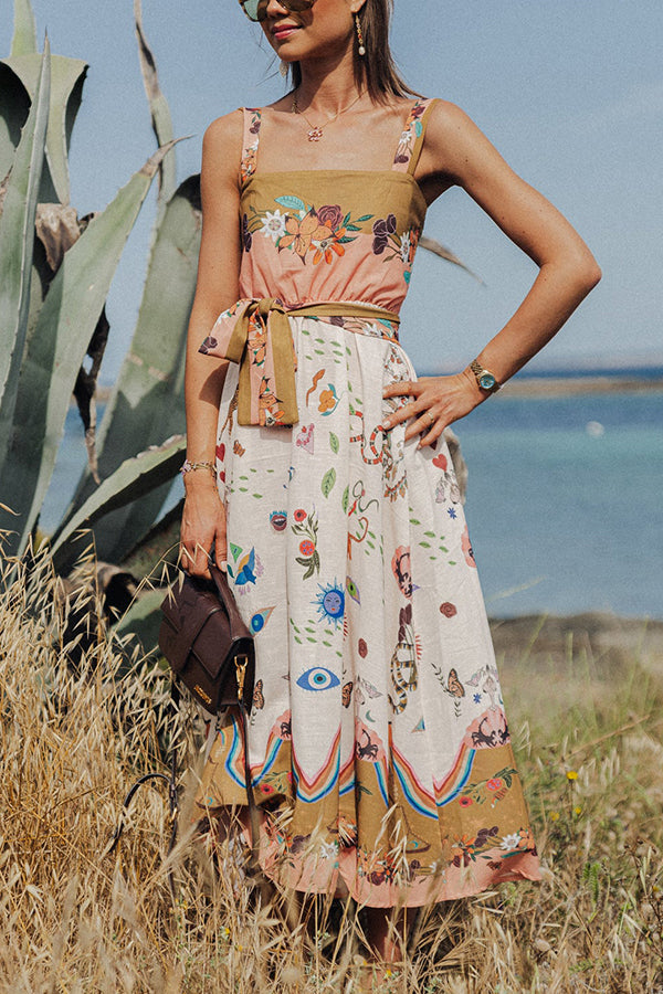 Summer Vibes Linen Blend Unique Print Smocked Belt Midi Dress-consonak
