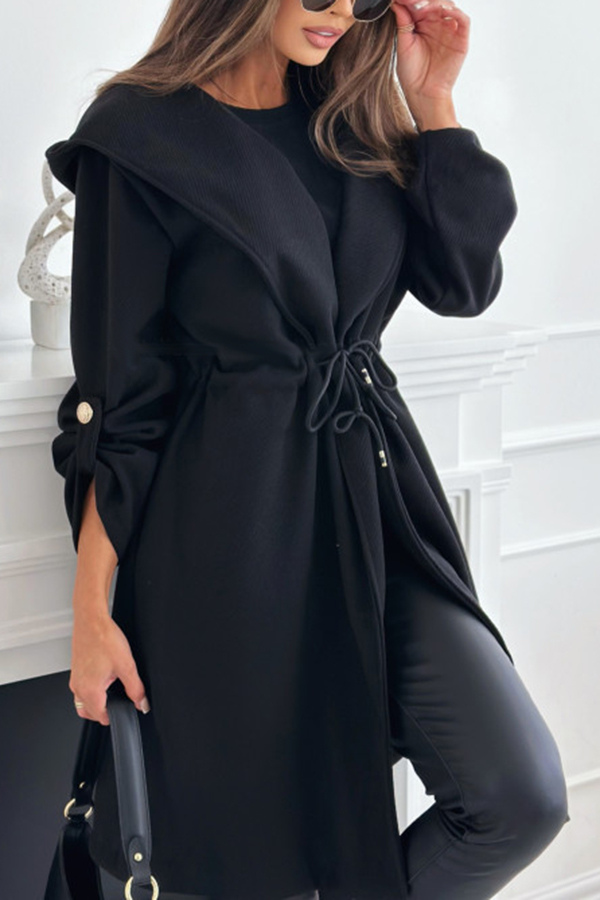 Effortless and Warm Textured Fabric Drawstring Waist Pocket Hooded Midi Coat-consonak