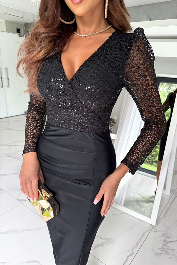 Shining Self Texture Sequin Patchwork Long Sleeve Ruched Stretch Midi Dress-consonak