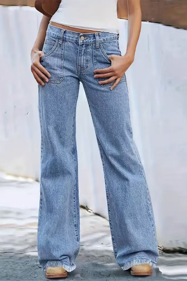Stylish Loose-fitting Pocket Casual Frayed Wide-leg Jeans