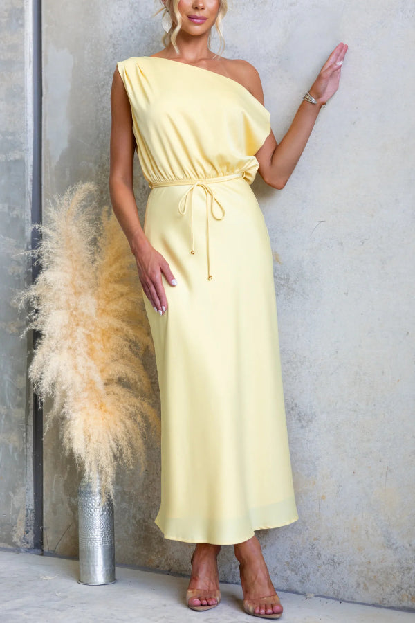 Solid Color One-shoulder Sleeveless Belted Casual Maxi Dress-consonak