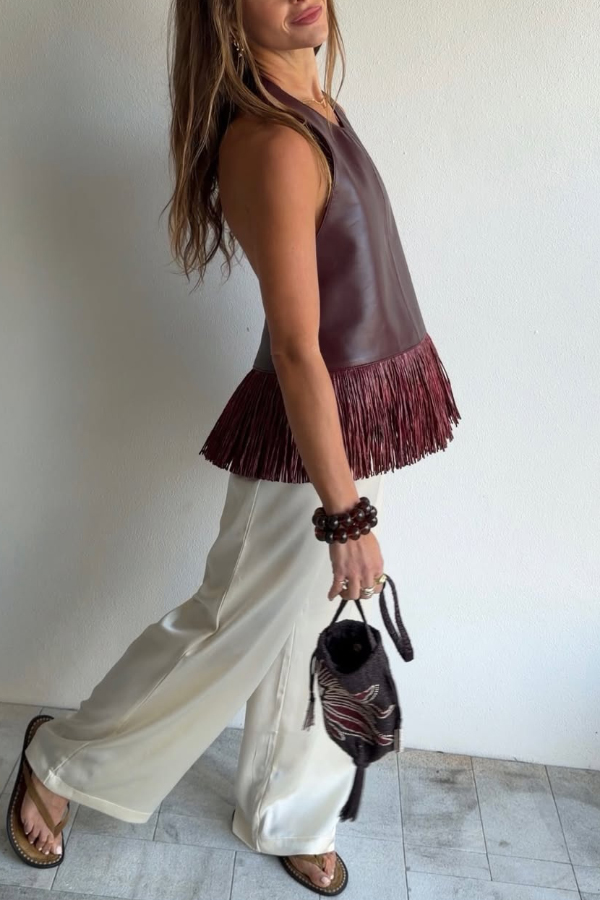 Stylish Halter Neck Sleeveless Leather Tassel Loose Top