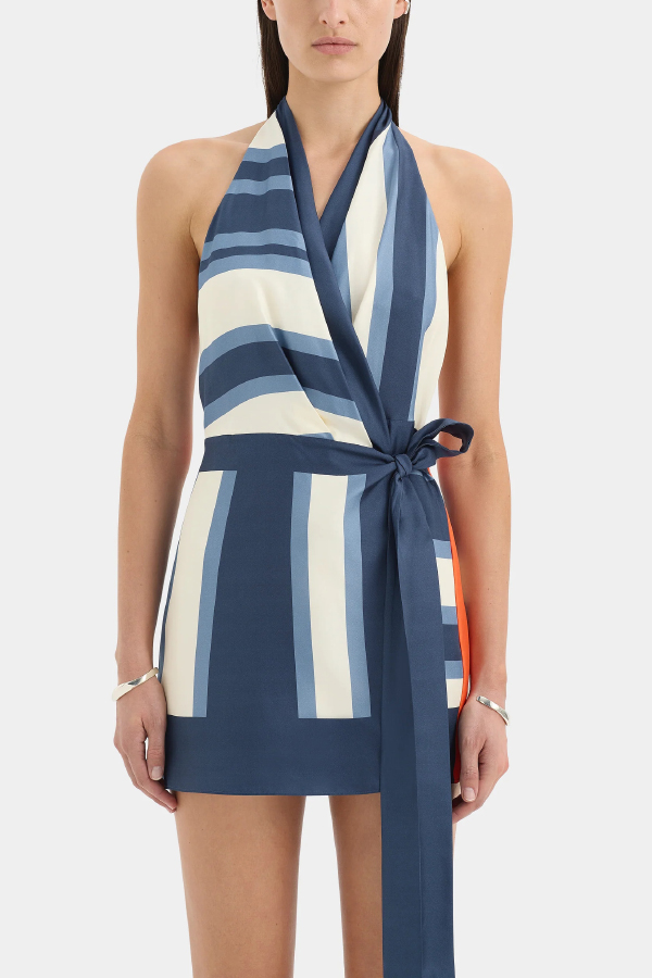 Summer Striped Print Halter Neck Backless Tie Mini Dress-consonak