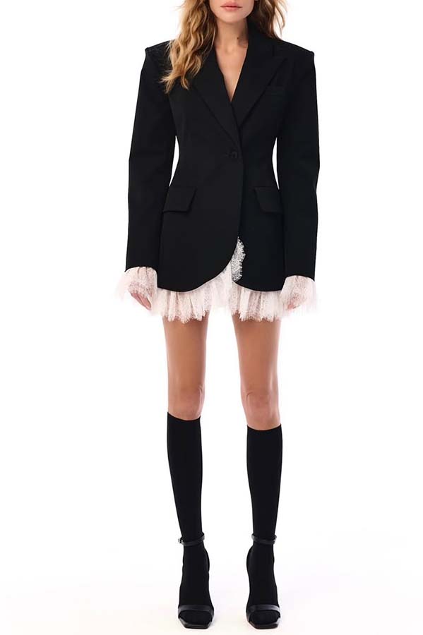 Cue The Chic Lace Trim Button Long Sleeve Lapel Blazer Mini Dress-consonak