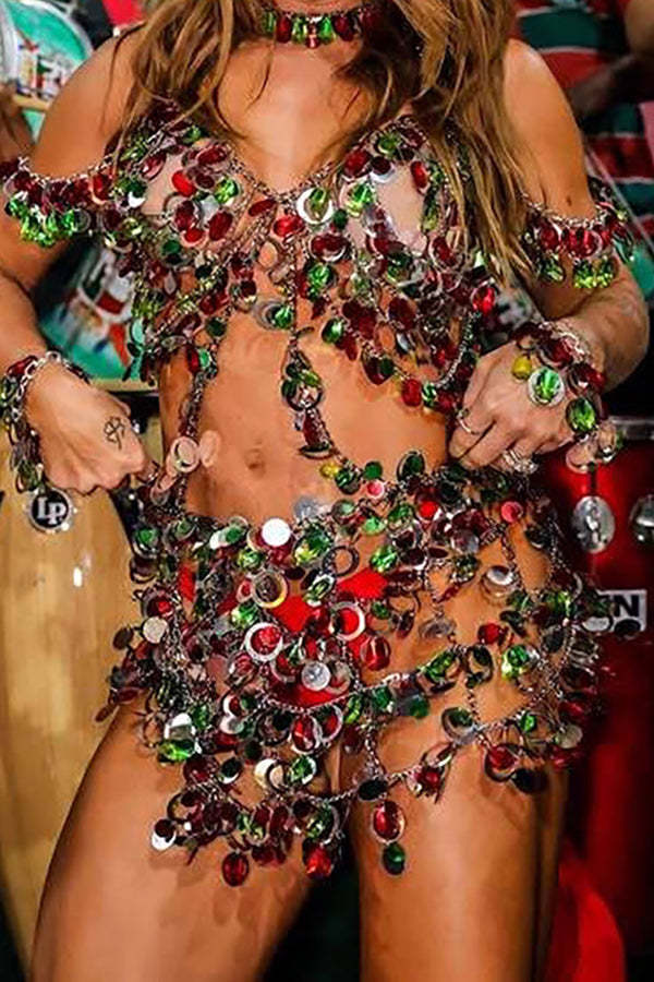 Colorful Sequined Rhinestone Top and Skirt Sets-consonak