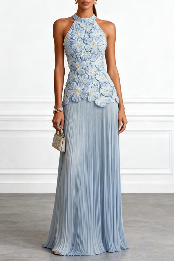 Emilie 3D Floral Embroidery Pleated Chiffon Hem Halter Neck Sleeveless Maxi Dress | Consonak