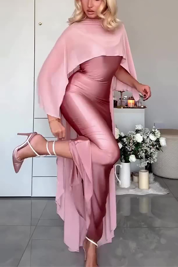 Dusty Pink Satin Mermaid Maxi Dress with Chiffon Cape | Evening Party Gown