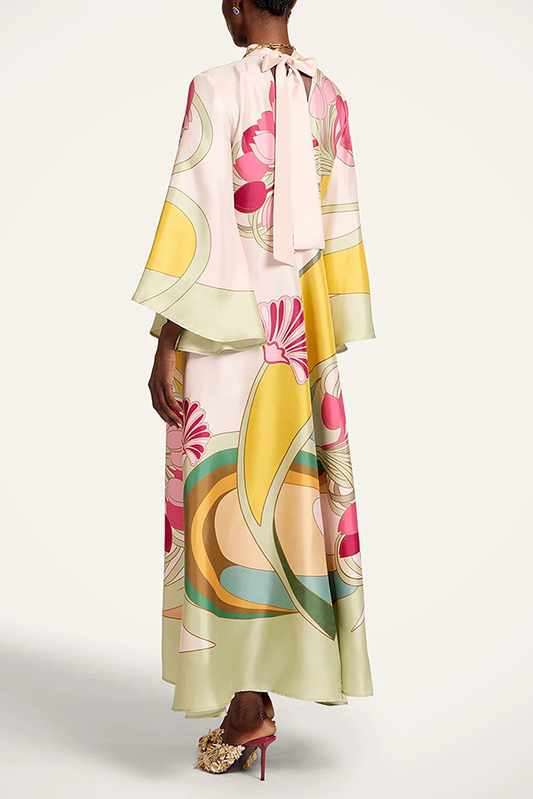 Darla Satin Colorful Baroque Style Printed Tie-up Neck Bell Sleeve Maxi Dress-Consonak