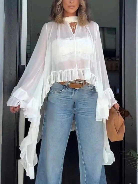 Flowy See-through Ruffle Tie-up Neck Bell Sleeve High-low Hem Cape Shirt-consonak
