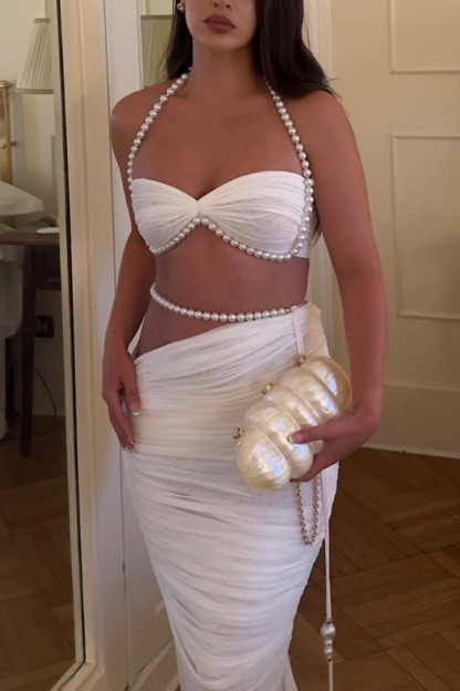 Imalia Stretch Mesh Pearl Trim Gathered Tank and  Detachable Belt Vacation Maxi Skirt Set-consonak