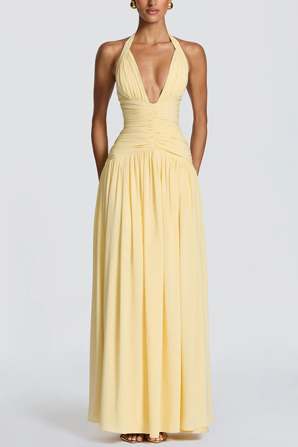 Amaris Halter Tie-up V-neck Ruched Detail Back Lace-up Slit Drape Maxi Dress-consonak