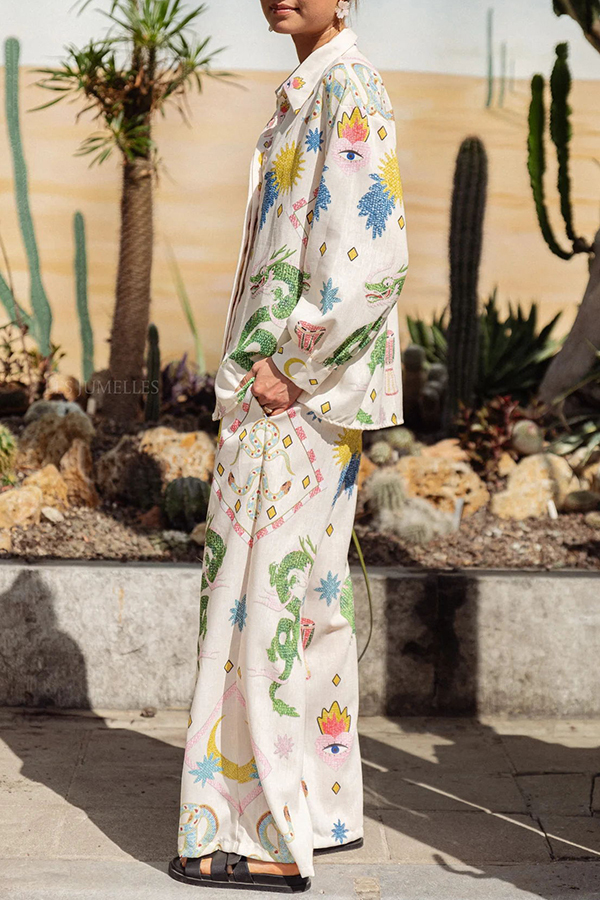 Embrace Magic Linen Blend Unique Print Button Down Oversized Blouse-consonak