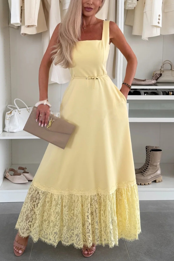 Solid Color Square Neck Sleeveless Fitted Waist Elegant Lace Hem Maxi Dress