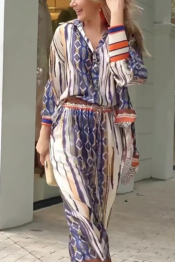 Unique Printed Long-sleeved Shirt Top and Elasticated Waist and Loose Pocket Pants Set-consonak
