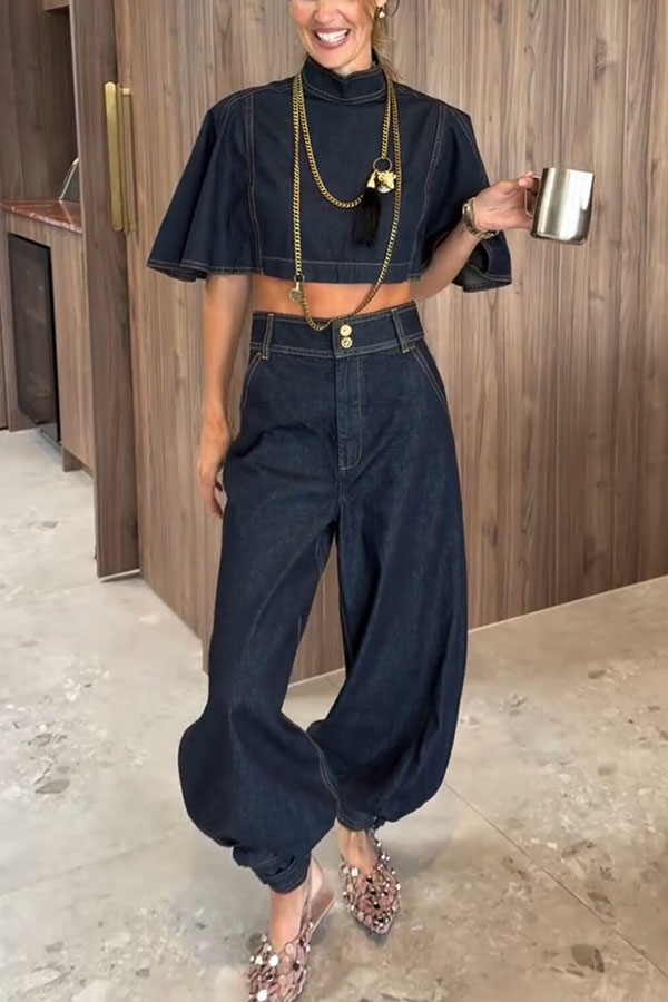 Luna Denim High Rise Pocket Adjustable Buckle Ankle Strap Harem Pants | Consonak