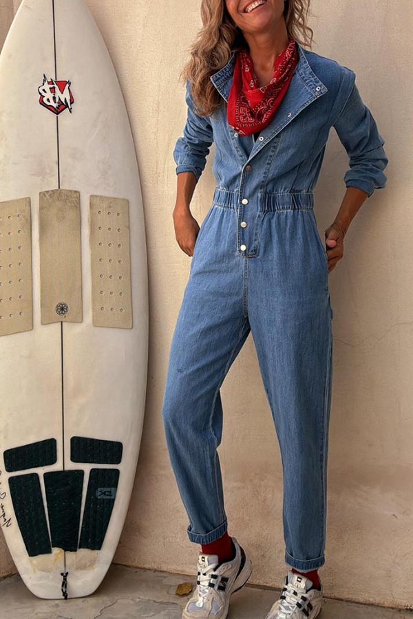 Carey Denim Button Up Long Sleeve Elastic Waist Pocketed Loose Jumpsuit-consonak