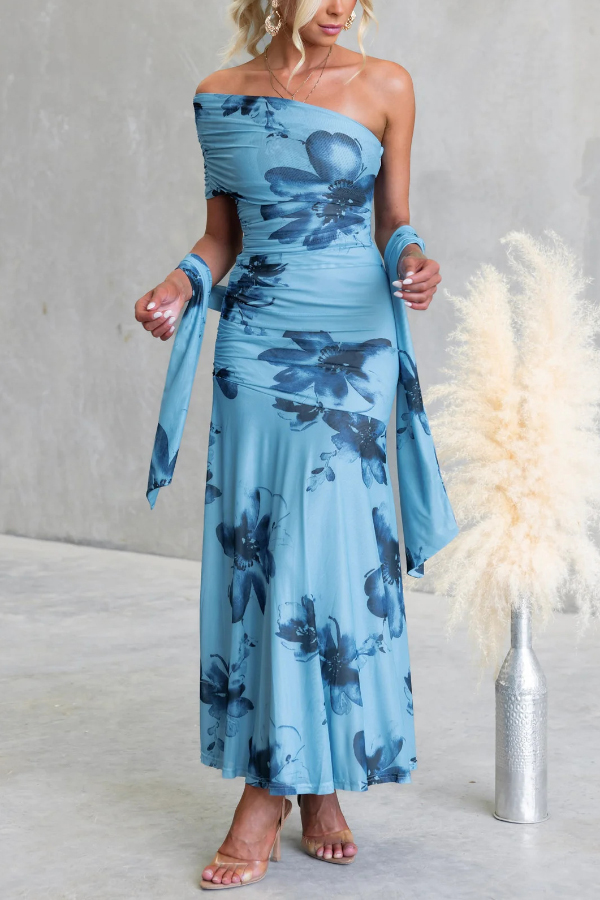 Floral Print Elegant Mesh Off-shoulder Fitted Maxi Dress-consonak