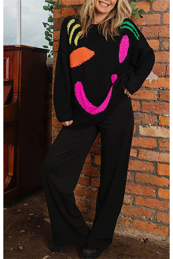 Feel Good Knit Colorful Smiley Face Loose Pullover Sweater-consonak