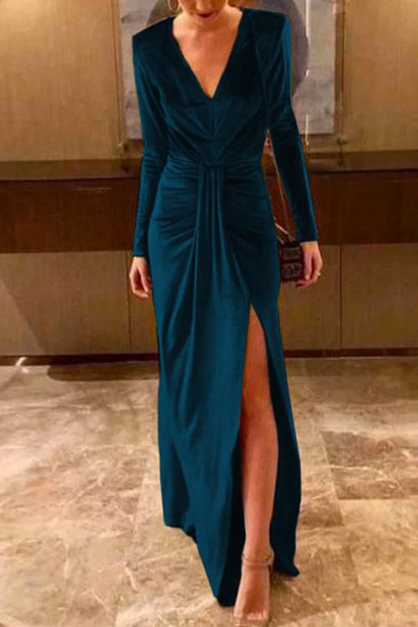 Solid Color Velvet V-neck Long Sleeve Elegant Slit Maxi Dress-consonak