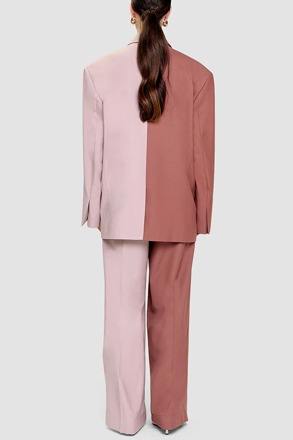 Girl Boss Avant-garde Contrast Colors Lapel Boyfriend Blazer and Pocketed Wide Leg Pants Set-consonak