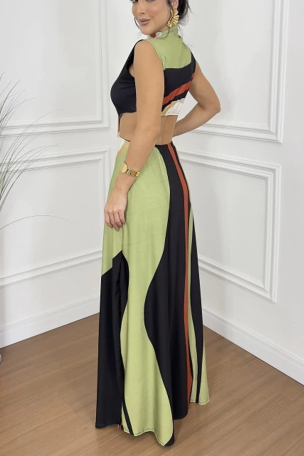 Bettie Printed High Neck Square Buckle Cutout Waist Maxi Dress-consonak