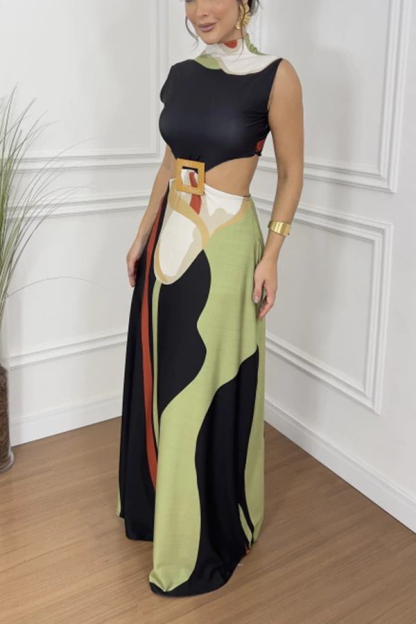 Bettie Printed High Neck Square Buckle Cutout Waist Maxi Dress-consonak